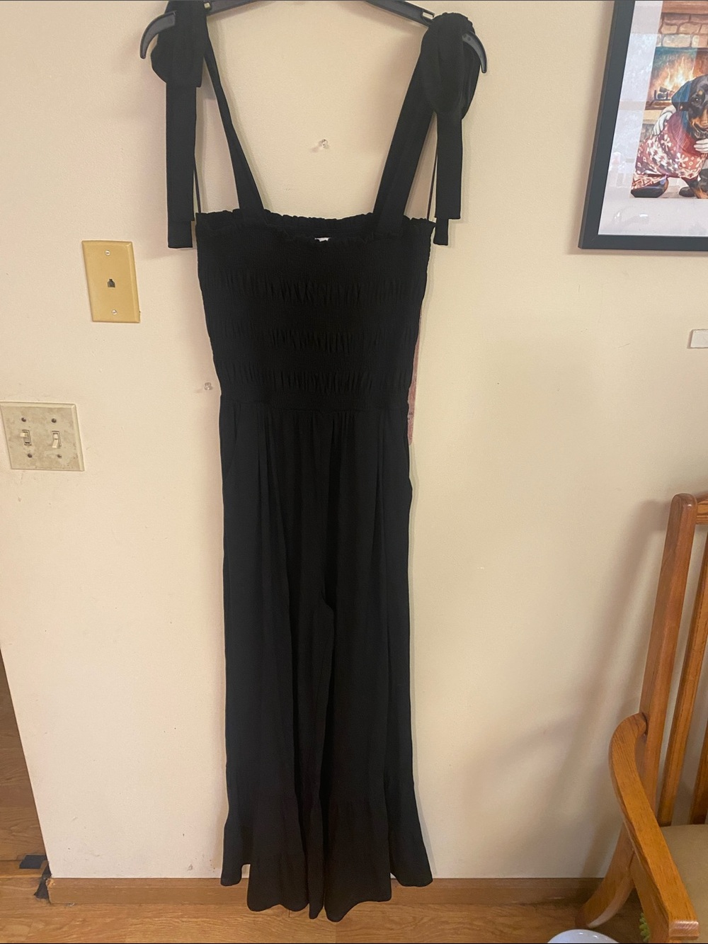 White Birch Black Smocked Bodice Tie-Shoulder Wide Leg Jumpsuit Size Large NWOT